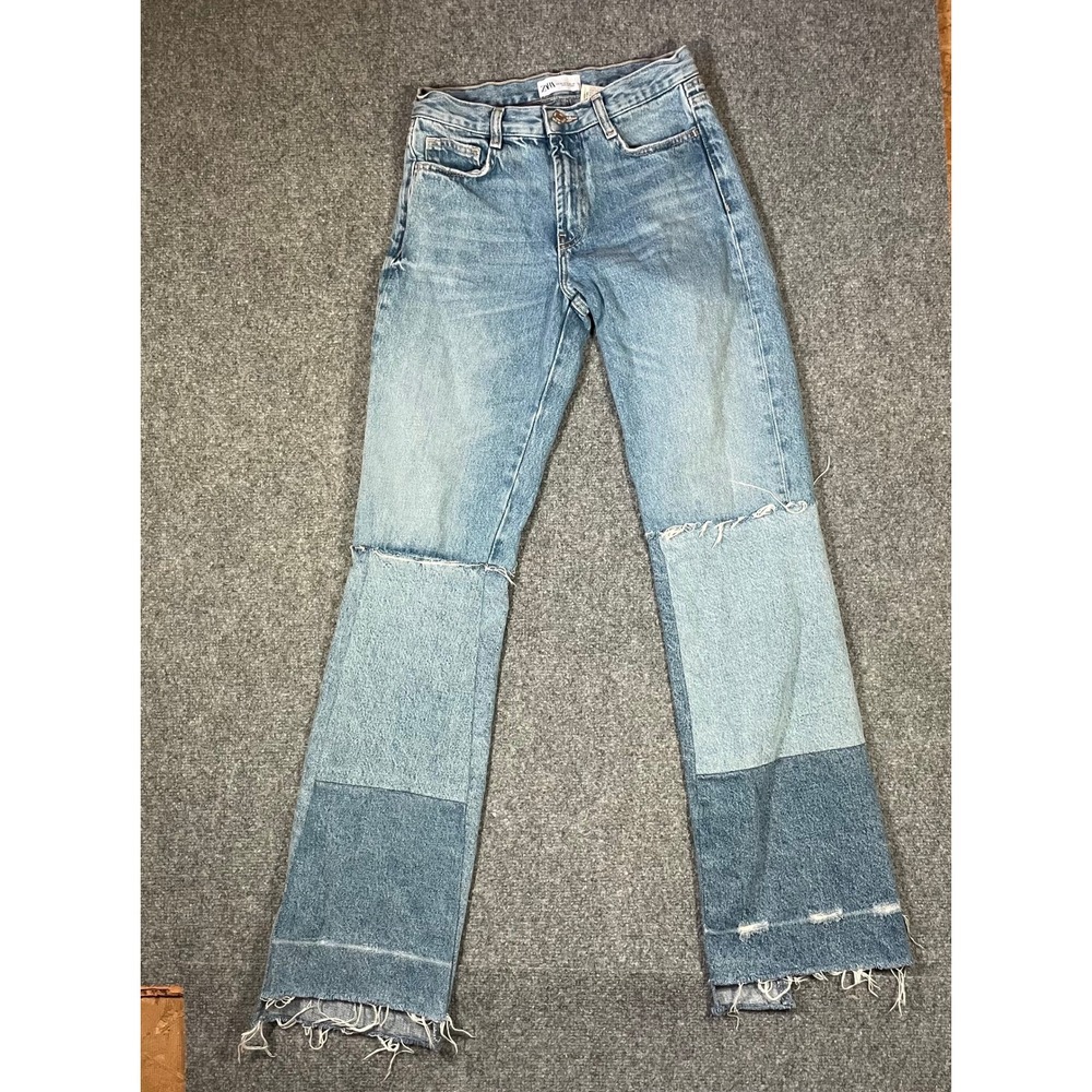 Zara Patchwork Distressed Jeans Women Size 2 Blue High Rise Straight Leg